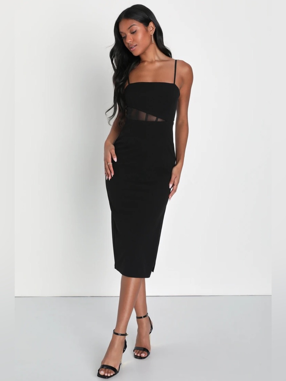 LIKE NEW 🖤 Lulu’s Party Muse Black Mesh Bustier Sleeveless Midi Dress